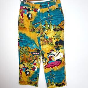 Chicos Linen Mexican Fiesta Cropped Straight Leg Pants Size 6 In Yellow Blue